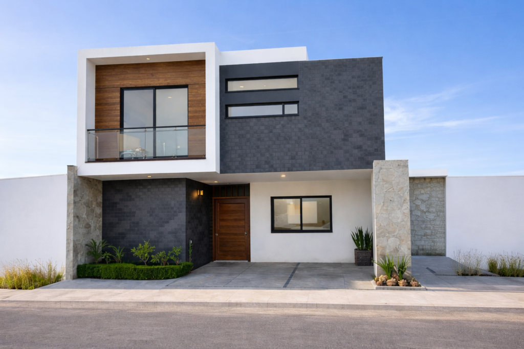 Fachada moderna de casa en venta en Calle 38, Colonia del Sol, Puebla, con diseño contemporáneo en tonos blanco y gris, detalles en madera, balcón con barandal de cristal y cochera al frente.