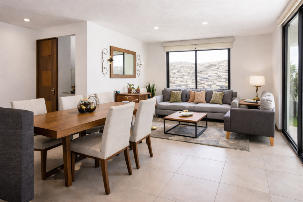 Sala y comedor de casa en venta en Calle 38, Colonia del Sol, Puebla, con diseño moderno, iluminación natural, piso cerámico y ventanal amplio.