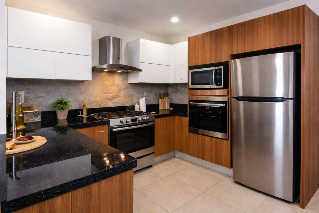 Cocina moderna de casa en venta en Calle 38, Colonia del Sol, Puebla, con gabinetes en madera y blanco, cubierta de granito y electrodomésticos de acero inoxidable.