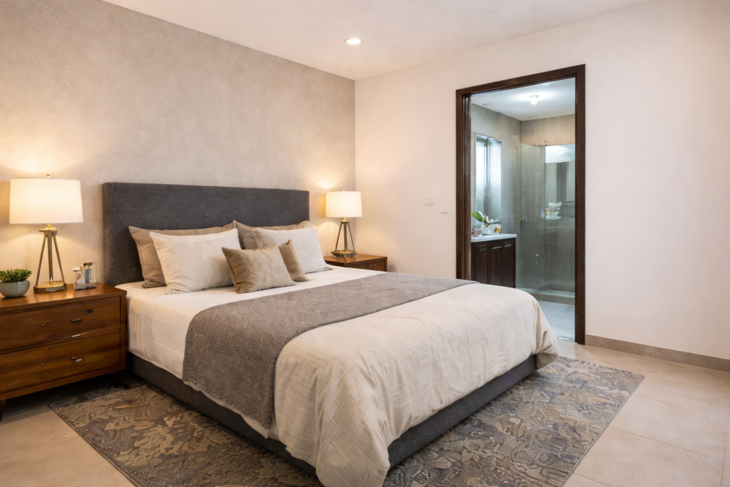 Recámara principal de casa en venta en Colonia del Sol, Puebla, con baño completo, iluminación cálida y diseño contemporáneo.