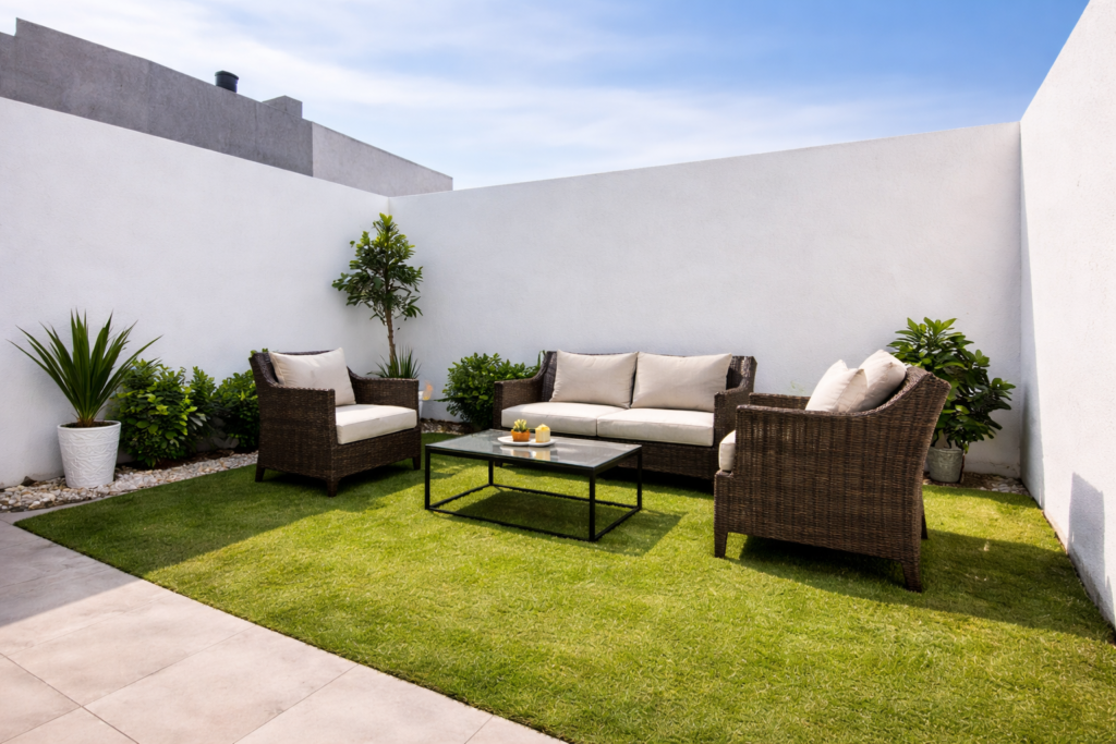 Patio trasero de casa en venta en Calle 38, Colonia del Sol, Puebla, con área verde y espacio ideal para sala exterior.