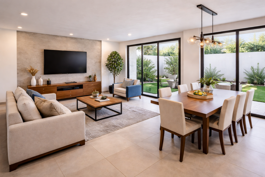 Sala y comedor de casa en venta en Calle 88, Colonia de la Luna, Puebla, con ventanales amplios y vista al jardín.