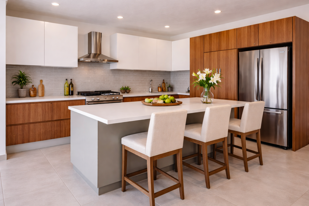 Cocina moderna de casa en venta en Calle 88, Colonia de la Luna, Puebla, con isla central, gabinetes en madera y acabados contemporáneos.