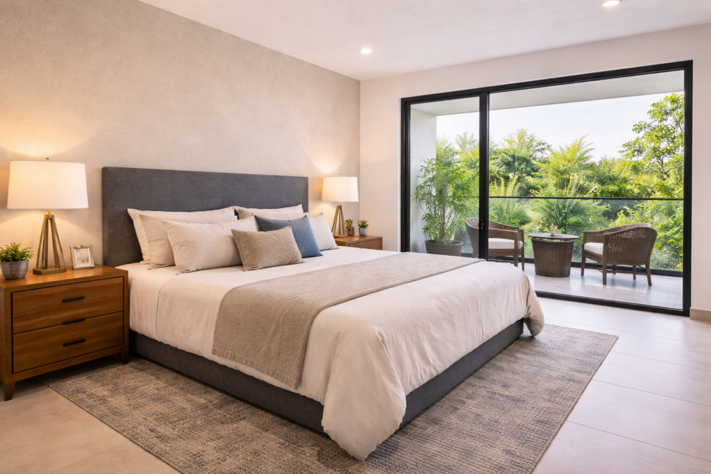 Recámara principal de casa en venta en Colonia de la Luna, Puebla, con acceso a balcón y excelente iluminación natural.