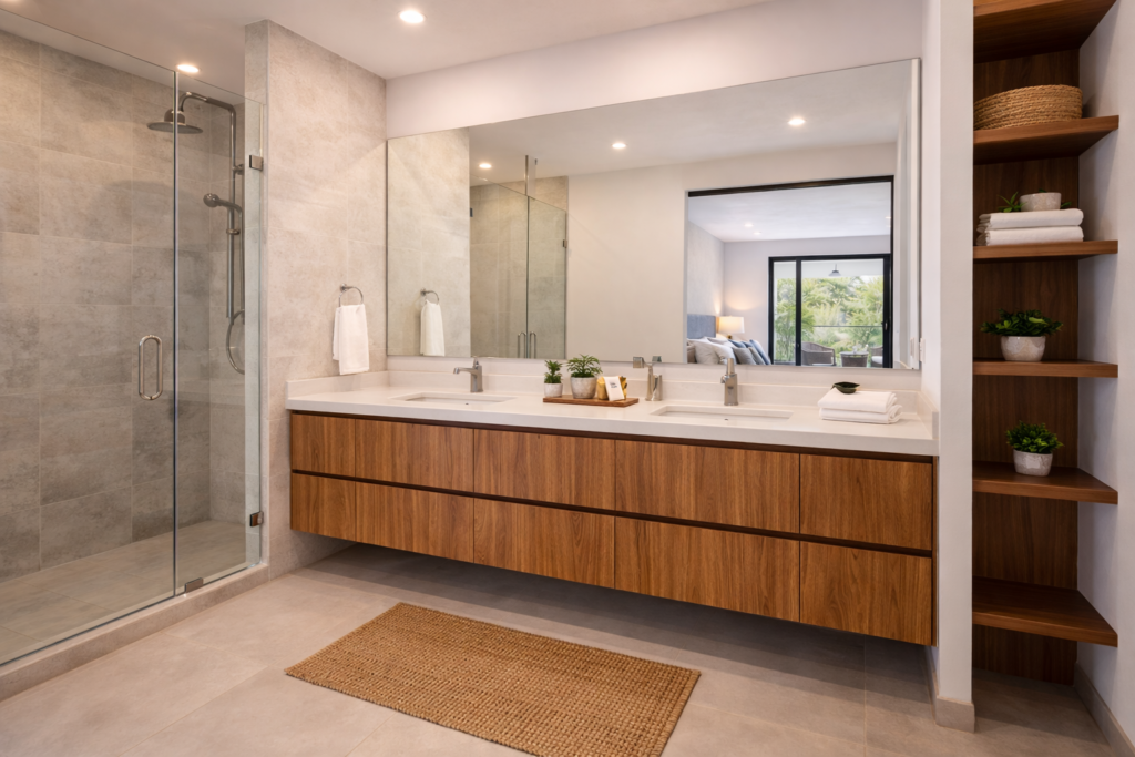 Baño principal de casa en venta en Calle 88, Colonia de la Luna, Puebla, con doble lavabo y regadera con cancel de vidrio.