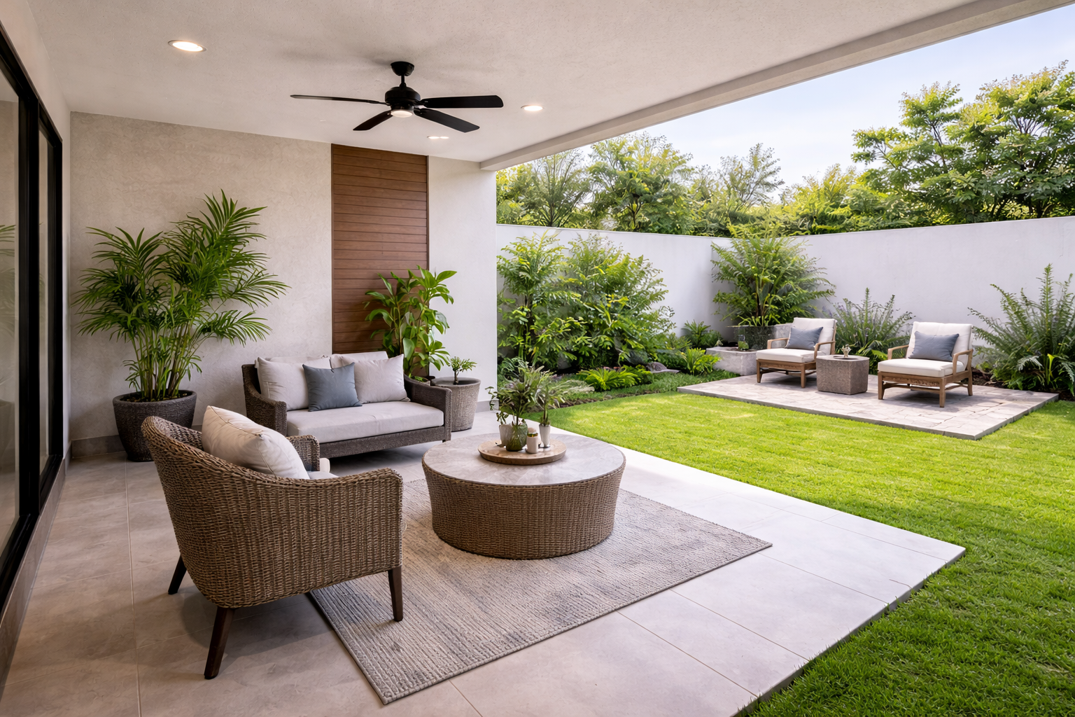 Jardín y terraza de casa en venta en Calle 88, Colonia de la Luna, Puebla, con área verde y espacio para sala exterior.