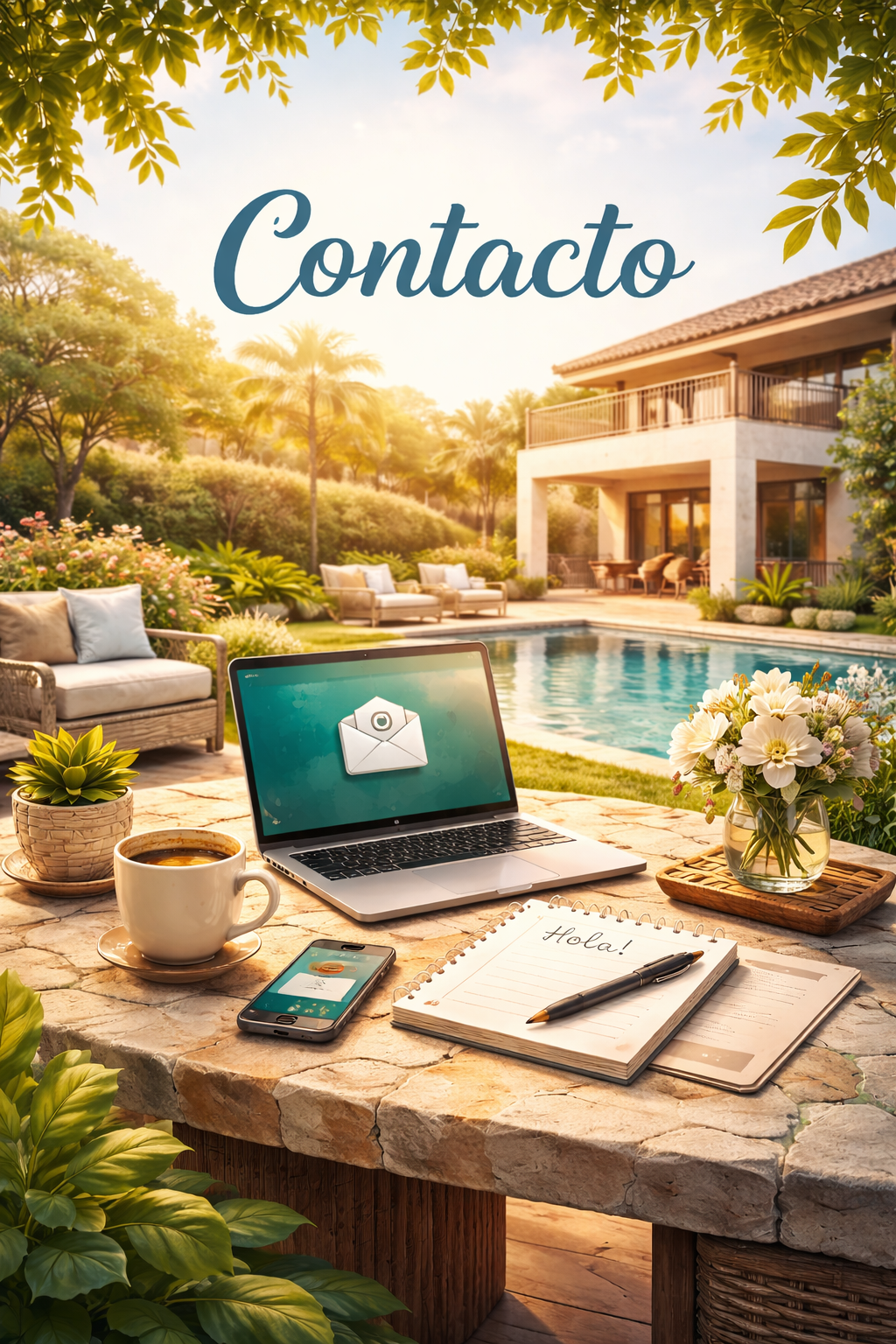 Ilustración digital con la palabra “Contacto” en tipografía cursiva verde sobre un fondo beige. En una mesa de madera hay un teléfono antiguo color crema, un celular con un ícono de sobre en pantalla, un sobre abierto con una carta, una libreta que dice “Hola!”, una pluma, una taza de café y pequeños clips dorados. La escena está rodeada de plantas verdes que enmarcan la imagen y transmiten una sensación cálida y acogedora.